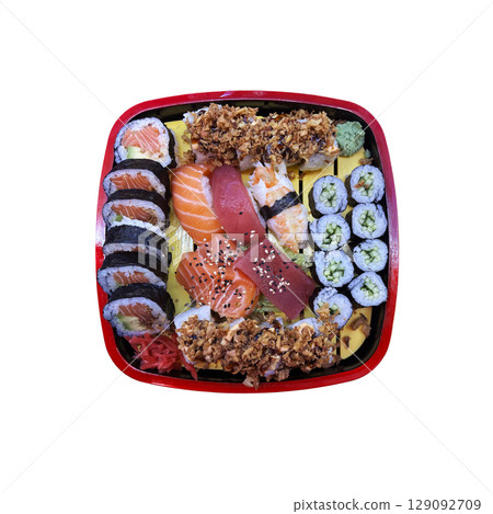 Assortment of different kinds of raw fish sushi in plate, traditional Japanese food, oriental culture delicious healthy dish, isolated object cut out with clipping path, soft selective focus top view Assortment of different kinds of raw fish sushi in plate, traditional Japanese food, oriental culture delicious healthy dish, isolated object cut out with clipping path, soft selective focus top view 129092709
