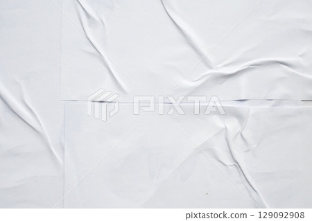 white crumpled and creased glued wrinkled paper poster texture background 129092908