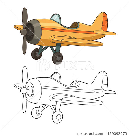 Cartoon image showcasing a colored airplane with outline drawing below. 129092973