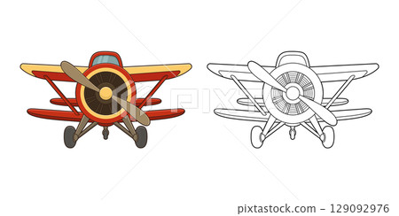 Cartoon airplane with propeller and wings, one side colored and one outlined. Cartoon airplane with propeller and wings, one side colored and one outlined. 129092976