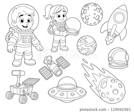 Outlined space-themed cartoon featuring astronauts, planets, and spacecraft. 129092981
