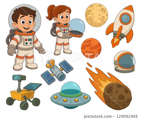 Cartoon illustration of children astronauts with outer space elements. 129092988
