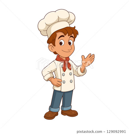 Cartoon illustration of a young chef in uniform, welcoming gesture, smiling 129092991