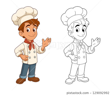 Cartoon chef illustration featuring colored and outlined version. Cartoon chef illustration featuring colored and outlined version. 129092992