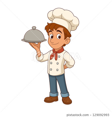 Cartoon Chef holding a silver domed platter, ready to serve delicious food. 129092993