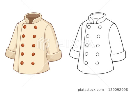 Illustrated chef coat, one colored in and one in black and white outline. 129092998