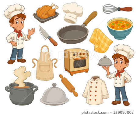 Cartoon Chefs with Culinary Items: Illustration of Cooking and Kitchen Tools 129093002