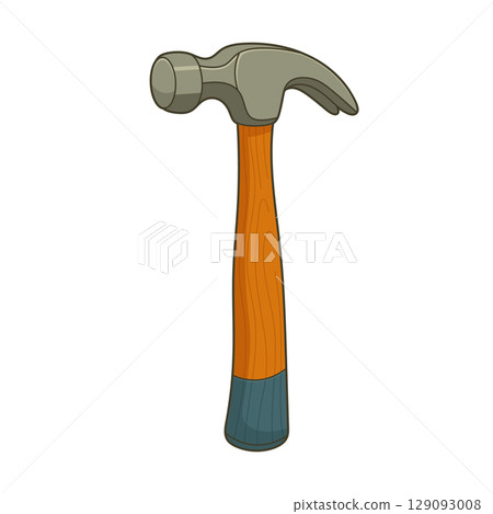 Illustration of a hammer with a wooden handle on a white background. 129093008