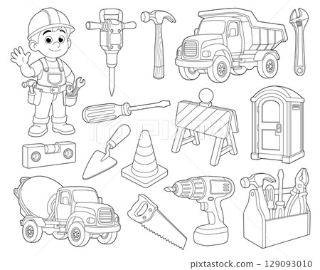 Cartoon construction worker surrounded by tools and heavy equipment in outlines 129093010