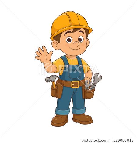 Cartoon builder boy with hardhat, overalls, tool belt, waving hand hello. Cartoon builder boy with hardhat, overalls, tool belt, waving hand hello. 129093015