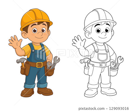 Cartoon construction worker with tool belt waves in color and line drawing. 129093016
