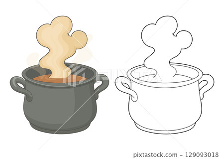 Steaming pot of food: Colorful cartoon rendering and line art illustration. Steaming pot of food: Colorful cartoon rendering and line art illustration. 129093018