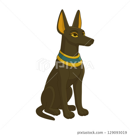 Ancient Egypt: Anubis figure with yellow eyes and ears in a seated position. 129093019