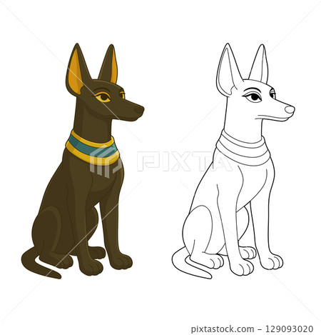Egyptian Dog Art: Anubis style dog illustration, one colored, one outline. 129093020