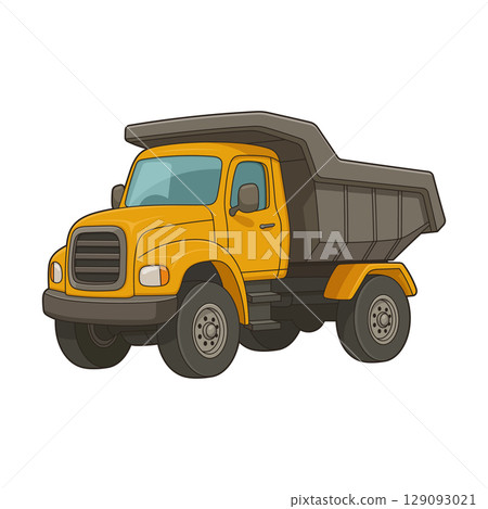 Illustration of a yellow dump truck with gray container on a white background. 129093021