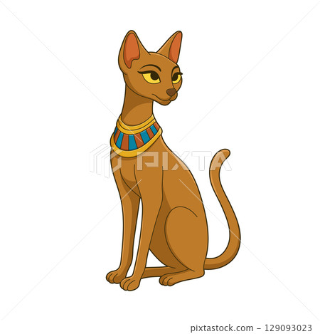 Egyptian cat cartoon stylized with collar looking alert on white background. Egyptian cat cartoon stylized with collar looking alert on white background. 129093023