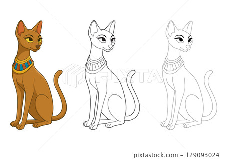 Ancient Egyptian stylized cat illustration in color and line drawing format. Ancient Egyptian stylized cat illustration in color and line drawing format. 129093024
