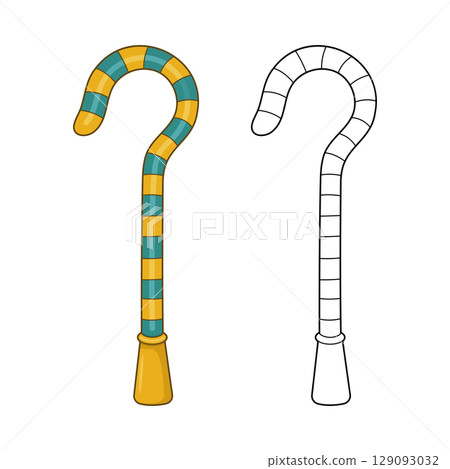 Egyptian Crook: A striped golden and teal cane and an outline of the cane. Egyptian Crook: A striped golden and teal cane and an outline of the cane. 129093032