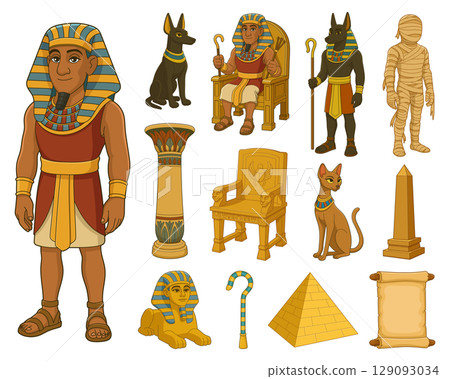 Egyptian themed cartoon characters and objects, isolated on a white background. 129093034