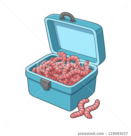 Fishing worms are displayed in a container. The container is light blue and appears to be made of plastic. 129093037