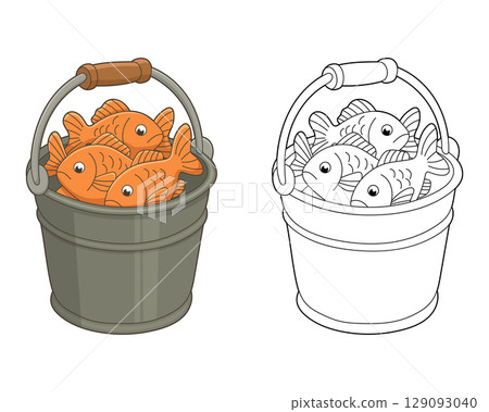 Bucket full of orange fish illustration, a full color version and a black and white outlined version. 129093040