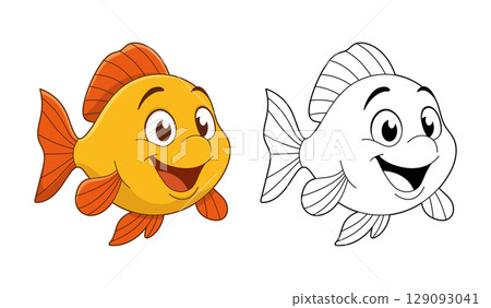 Cartoon fish duo: one vibrant yellow, the other ready for coloring, smiling with big eyes and fins 129093041