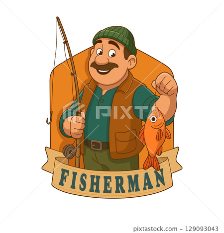 Cartoon fisherman holding a fish with a fishing rod and banner. Simple flat illustration. 129093043