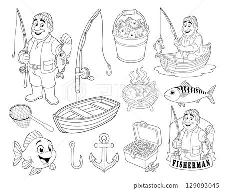 Monochrome line art featuring fisherman, fish, boats, fishing equipment and other elements of the hobby. Monochrome line art featuring fisherman, fish, boats, fishing equipment and other elements of the hobby. 129093045
