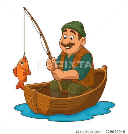 Cartoon fisherman in a wooden boat catches a bright orange fish with a fishing rod on blue water. 129093046