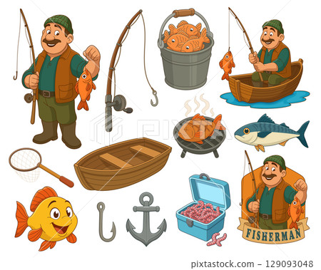 Cartoon fishing: Man with catch, boat, tackle, and fish in bucket. Fishing scene vector art. 129093048