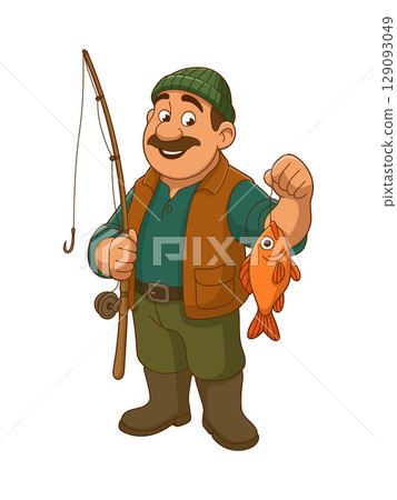 Cartoon fisherman smiling with a catch. Holds fishing rod and hooked fish. Isolated on white background. Cartoon fisherman smiling with a catch. Holds fishing rod and hooked fish. Isolated on white background. 129093049
