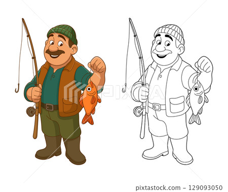 Cartoon Fisherman Proudly Displays His Catch Next to Black and White Line Drawing 129093050
