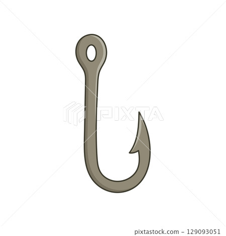 A grey fishing hook, curved and ready for angling with its sharp point and hole for line attachment. 129093051