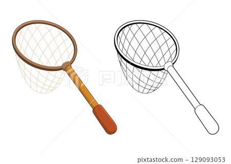 Illustrated side-by-side of a colored-in and a black and white line-art version of a catching net. 129093053