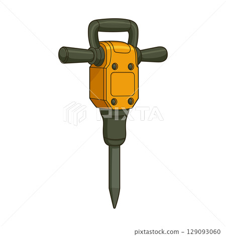 Cartoon illustration of an orange and gray jackhammer demolition tool 129093060