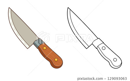 Two versions of a cartoon-style knife, one colored and one in outline. Two versions of a cartoon-style knife, one colored and one in outline. 129093063