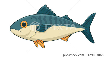 Cartoon illustration of a mackerel fish with blue stripes, orange fins, and a beige belly. 129093068