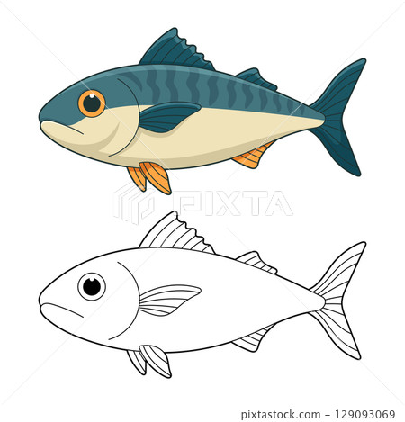 Illustration featuring a colorful cartoon fish above an uncolored outline drawing of the same fish. 129093069
