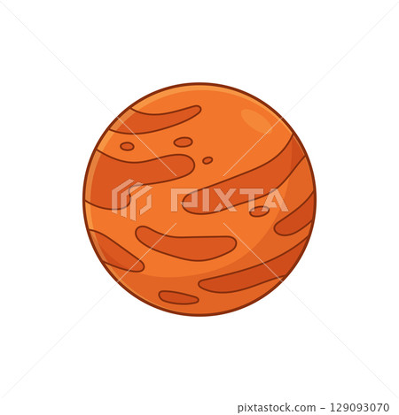 Cartoon illustration of a red planet with light brown swirls and oval shapes. 129093070