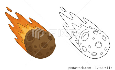 Cartoon drawing of a meteor shooting through space leaving a trail of fire. 129093117