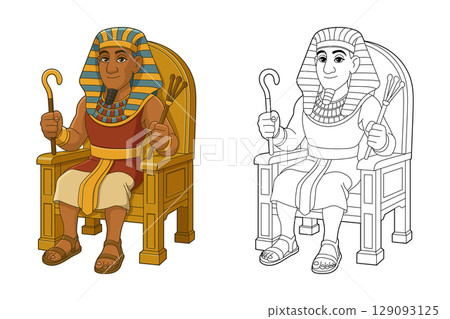 Cartoon pharaoh sits on a golden throne holding a crook and flail staff. Cartoon pharaoh sits on a golden throne holding a crook and flail staff. 129093125