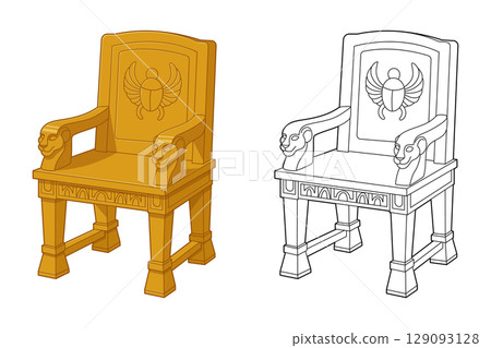 Artwork of an ancient Egyptian golden throne with scarab and lion details. 129093128