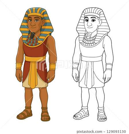 Cartoon rendering of an Egyptian pharaoh and its line art version side-by-side. Cartoon rendering of an Egyptian pharaoh and its line art version side-by-side. 129093130