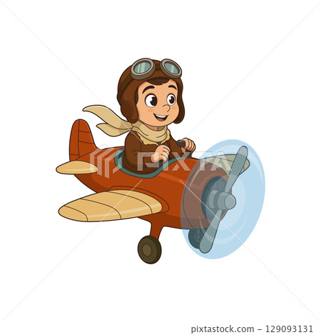 Cartoon Aviator Flying Airplane, Ready for Adventure and Exploring the Sky 129093131