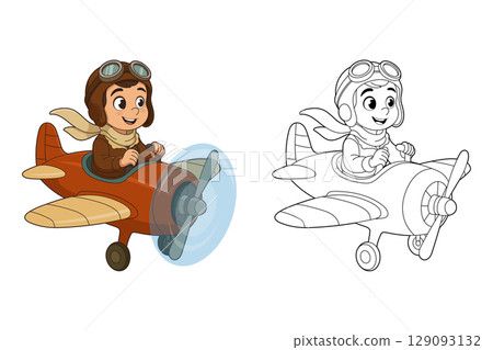 Cartoon of happy young aviator flying a vintage airplane, adventure awaits! 129093132