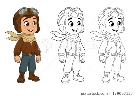 Boy dressed as a vintage pilot, ready for adventure, cartoon illustration. 129093133