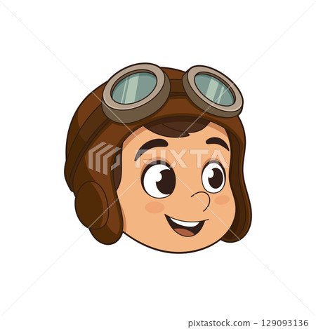 Cartoon Boy Pilot smiling with brown hat and goggles on a white background 129093136