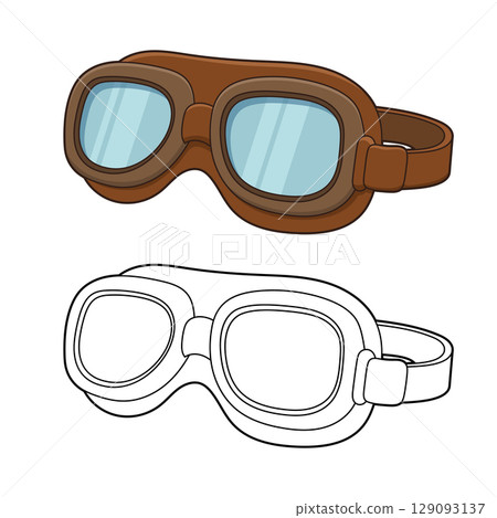 Vintage aviation goggles, one color and one black and white outlined version. 129093137