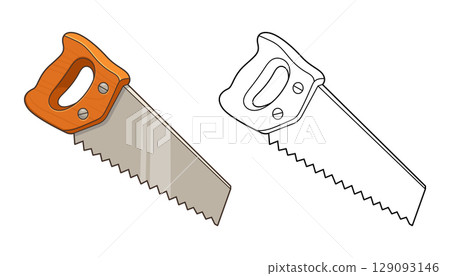 Hand saw with an orange handle for cutting wood, shown in color and outline. Hand saw with an orange handle for cutting wood, shown in color and outline. 129093146