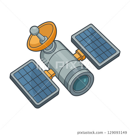 A cartoon satellite with solar panels and a dish on a white background. 129093149